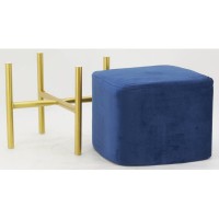 Square blue velvet pouf with gold metal legs - Living room footrest stool