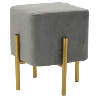 Pouf carré en velours gris avec pieds en métal doré - Tabouret Repose-Pieds Salon Séjour