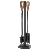 Zwart metalen haardstandaard bestaande uit 4 accessoires met leren handvatten