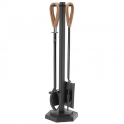Black metal fireplace stand composed of 4 accessories with leather handles