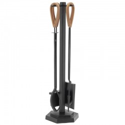 Zwart metalen haardstandaard bestaande uit 4 accessoires met leren handvatten