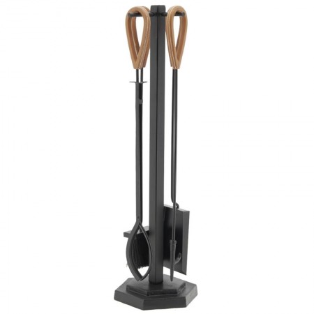Zwart metalen haardstandaard bestaande uit 4 accessoires met leren handvatten