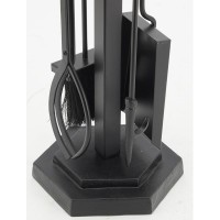 Zwart metalen haardstandaard bestaande uit 4 accessoires met leren handvatten