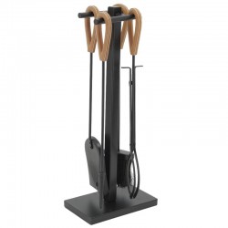 Black metal fireplace stand 4 accessories with leather handles