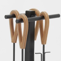 Czarny Metalowy Kominek Valet 4 Akcesoria ze skórzanymi uchwytami