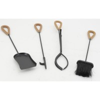 Valet de cheminée en métal noir 4 accessoires avec poignées en cuir