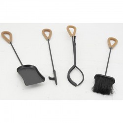 Valet de cheminée en métal noir 4 accessoires avec poignées en cuir