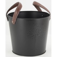 Set of 2 metal buckets with leather handles, Tree of Life decor
