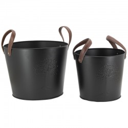 Conjunto de 2 baldes de metal com alças de couro, decoração Árvore da Vida
