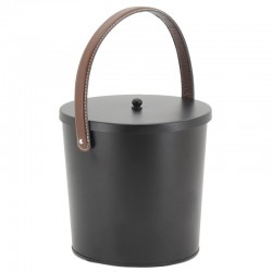 Black lacquered metal bucket with lid and leather handle