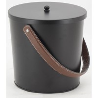 Seau en métal laqué noir avec couvercle et anse en cuir