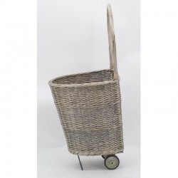 Chariot à bûches en osier gris à roulettes