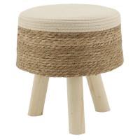 Tabouret repose-pieds en jonc naturel et coton beige et blanc, pieds en bois