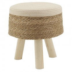 Tabouret repose-pieds en jonc naturel et coton beige et blanc, pieds en bois