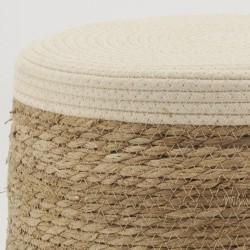 Tabouret repose-pieds en jonc naturel et coton beige et blanc, pieds en bois