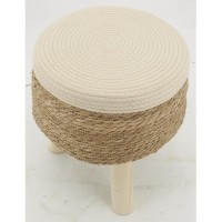 Footstool in natural rush and beige and white cotton, wooden legs