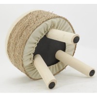 Taburete reposapiés de junco natural y algodón beige y blanco, patas de madera