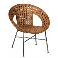Round cane armchair with metal legs