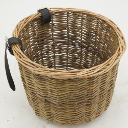 Round raw wicker bicycle basket with straps