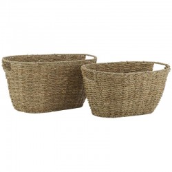 Set of 2 oval rush storage baskets with handles, metal structure
