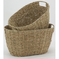 Set of 2 oval rush storage baskets with handles, metal structure