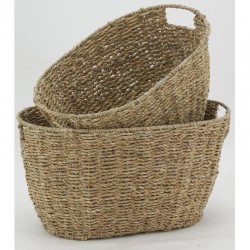 Lot de 2 Corbeilles de Rangement Ovales en Jonc avec Poignées | Panier Tressé Structure Métal pour Maison