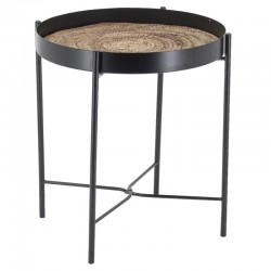 Runder Tisch aus schwarzem Metall und gebeiztem Binsenholz, abnehmbare Platte mit klappbarem Bein ø 40 h 45 cm