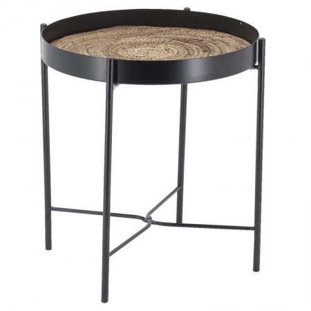 Runder Tisch aus schwarzem Metall und gebeiztem Binsenholz, abnehmbare Platte mit klappbarem Bein ø 40 h 45 cm