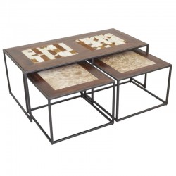 Serie med 3 modulære sofabord med metallben, treplater og brunt okseskinn