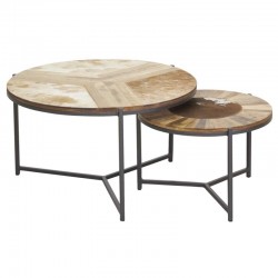 Set med 2 runda soffbord i metall och trä, brun och vit kohudsskiva