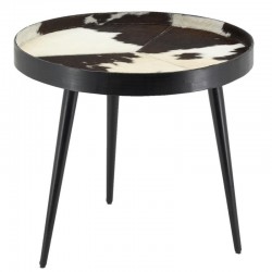Table basse ronde en métal avec plateau en peau de vache noir et blanc ø 50 h 45 cm