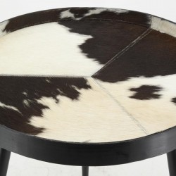 Ronde metalen salontafel met zwart en wit koeienhuid blad ø 50 h 45 cm