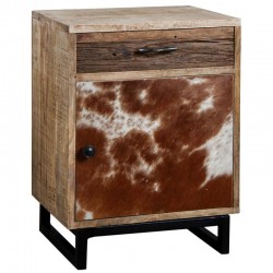 Mesa de cabeceira de madeira e couro com 1 gaveta e 1 porta
