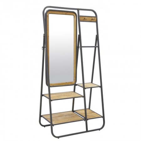 Mueble de vestuario de entrada en madera y metal con baldas y espejo