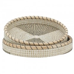 Set of 2 round serving trays in rush and rattan