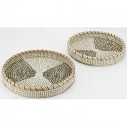 Set of 2 round serving trays in rush and rattan