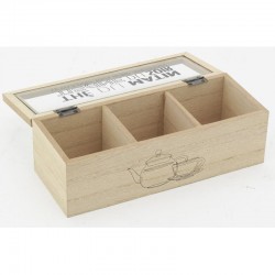Caja de té de madera y cristal con 3 compartimentos
