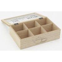 Caja de té de madera y cristal con 6 compartimentos