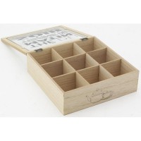 Caja de té de madera y cristal con 9 compartimentos