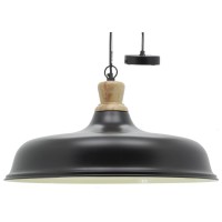 Lampe Suspension Design en Métal Laqué Noir et Bois Ø 60 cm : Luminaire Plafond Industriel Chic pour Salon & Cuisine