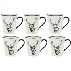 Conjunto de 6 xícaras de porcelana com decoração de cervo