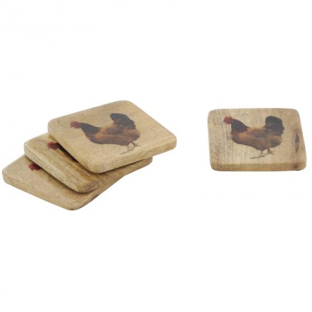 Set di 4 sottobicchieri in legno con decoro gallina