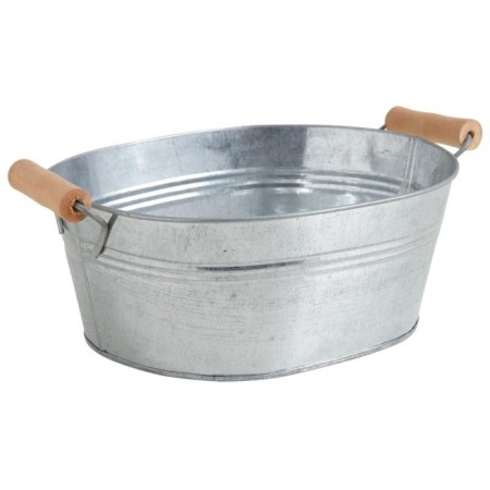 Oval zinc basket with wooden handles 30 x 24 x 12 cm