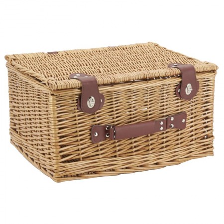 Brown buff wicker suitcase with straps and handle
