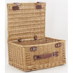 Brown buff wicker suitcase with straps and handle
