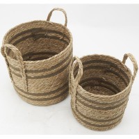 Set of 2 plant pots in natural rush and brown cotton ø 25-ø 30cm