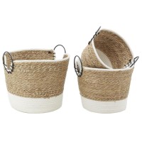 Set of 3 rush and cotton baskets, metal handles