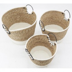Zestaw 3 kosze ruffin i bawełnianych, metalowe uchwyty