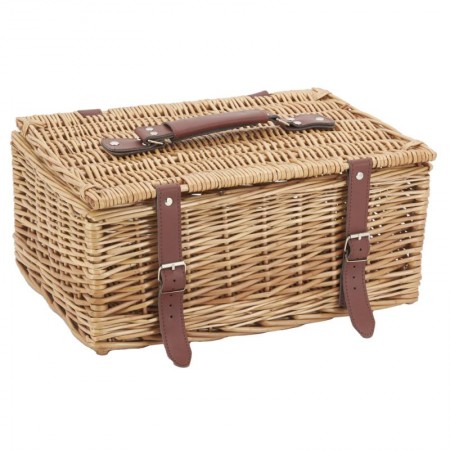 Brown buff wicker suitcase with straps