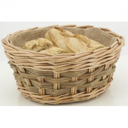 Round wicker bread basket lined with jute